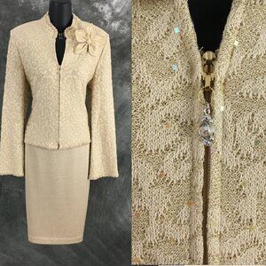 BEAUTIFUL St John evening knit beige gold embellished skirt suit size 10